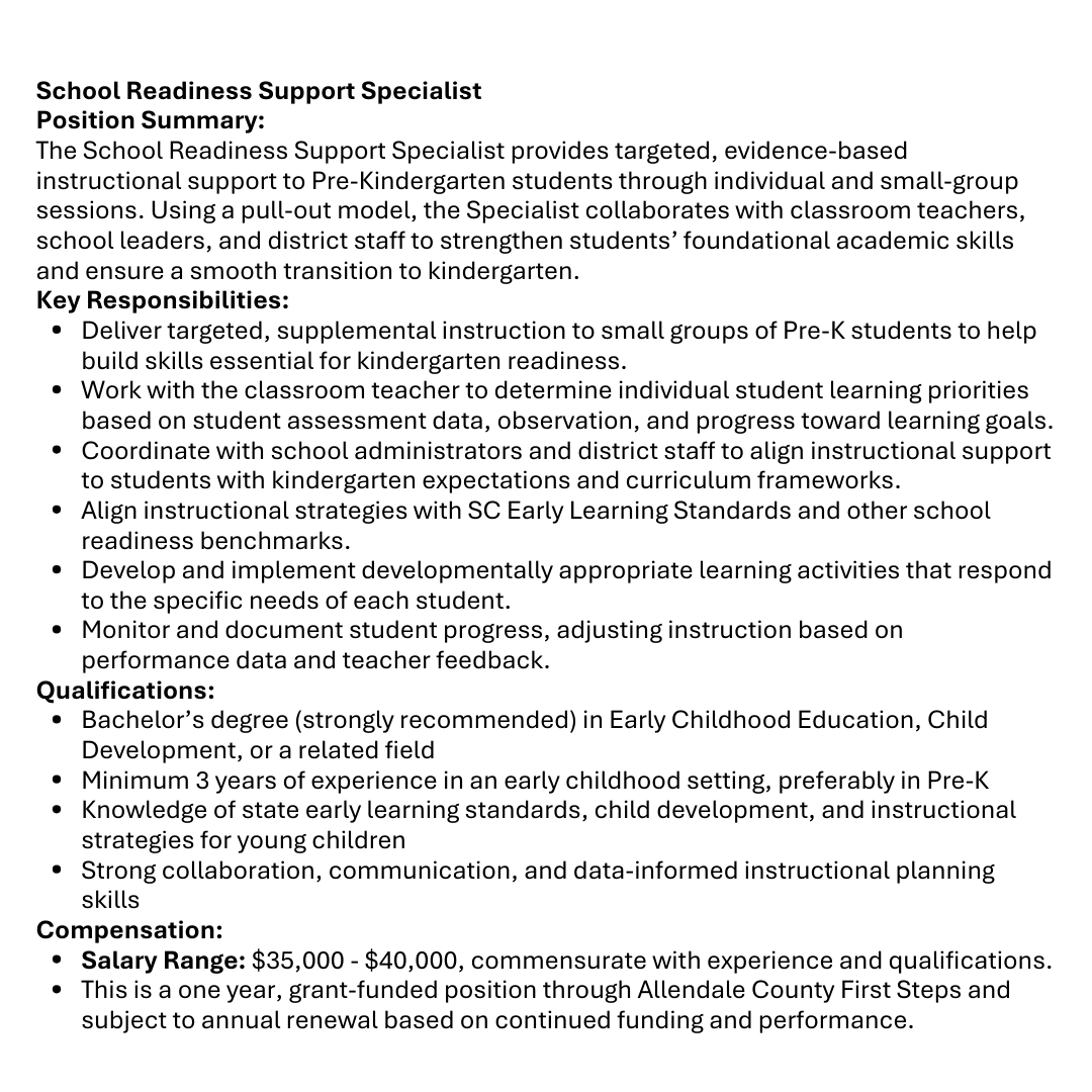 Hiring Multiple Positions at Allendale County First Steps!