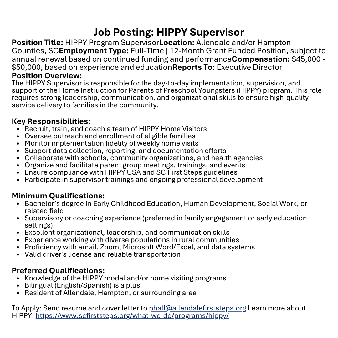 Hiring Multiple Positions at Allendale County First Steps!